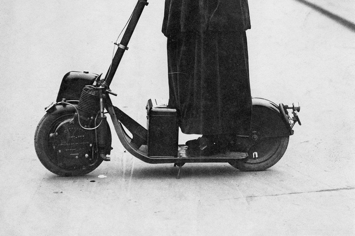Lady Florence Norman, a suffragette, on her motor-scooter in 1916